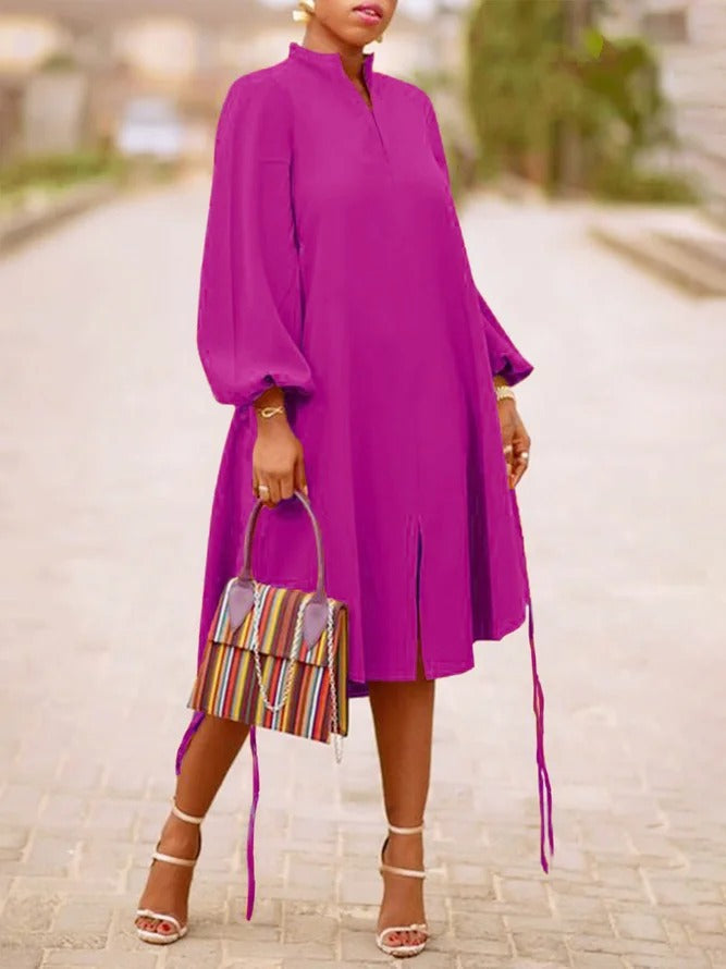 Women's V-neck Long Sleeve Dress with Lantern Sleeves