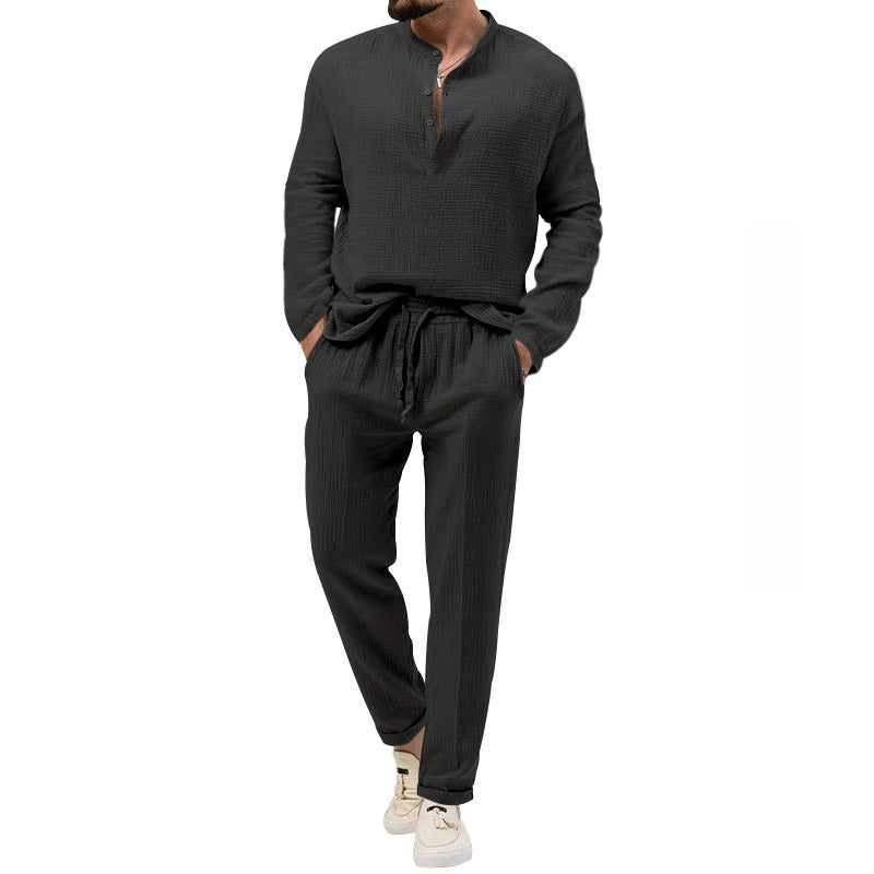 Men's Pure Color Casual Long Sleeve Shirt and Pants Set