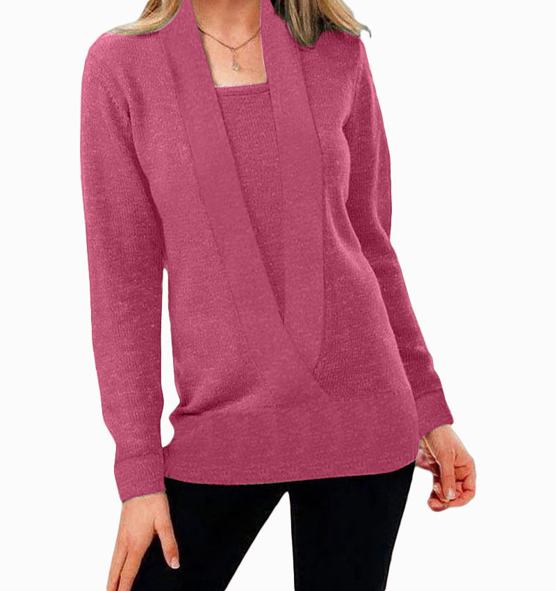 Knitted Solid Color Deep V-Neck Long Sleeve Sweater