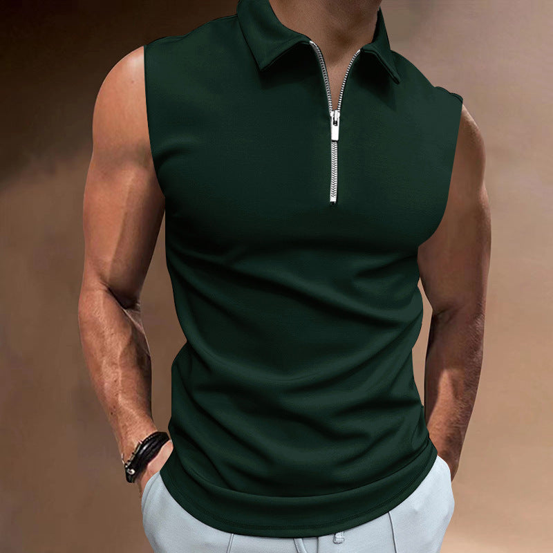Men's Solid Color Sleeveless Polo Shirt - Casual Tops
