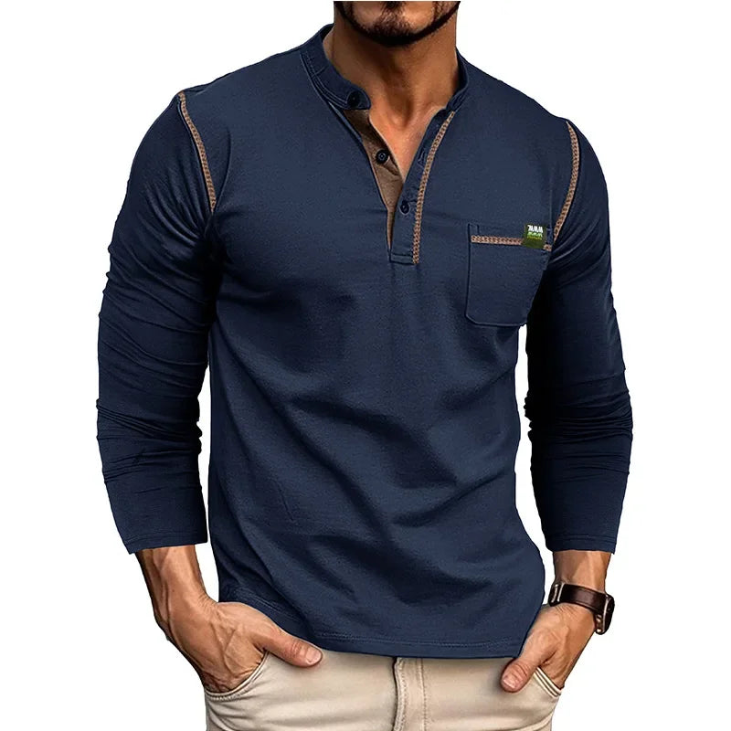T-shirt Henry Collar Solid Color New Autumn Winter Men's Long-sleeved Casual Fashion Tee Top