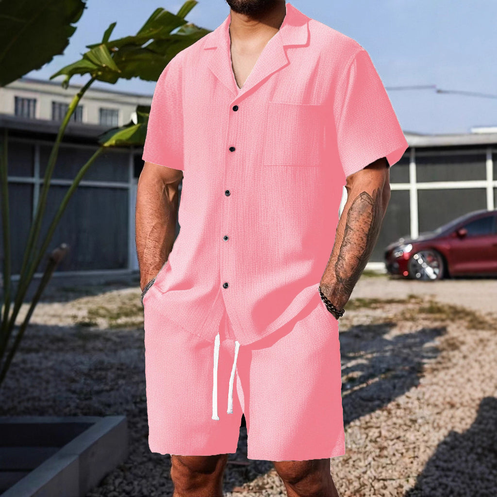 Mens Cotton Linen Short Sleeve Shirt Set