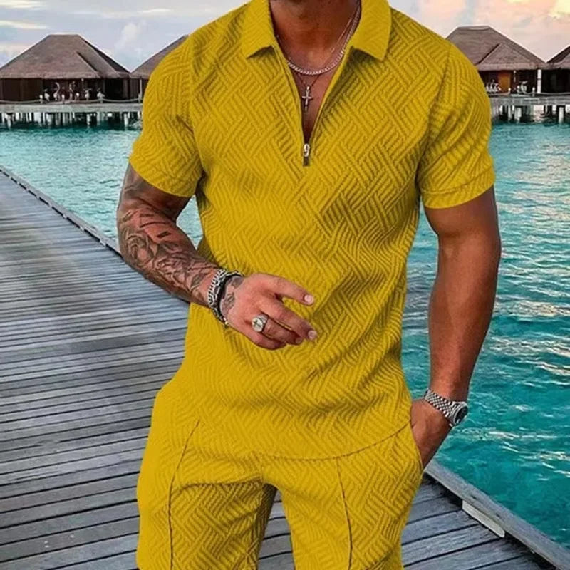 V-neck Zipper Short Sleeve POLO Shirt+Shorts