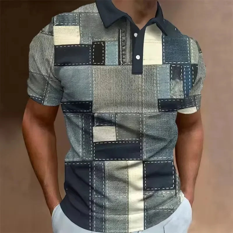 Men's 3D Printed Patchwork Polo Shirt with Retro Pattern, Summer Casual Collar Top