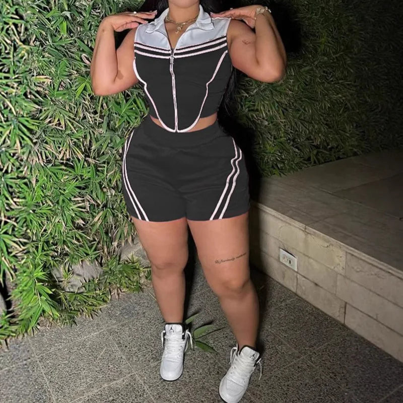 Slergiri Women's Casual Stripe Sleeveless O-Ring Zipper Crop Top with Shorts Elastic Slim Sports Two Piece Set Summer Streetwear
