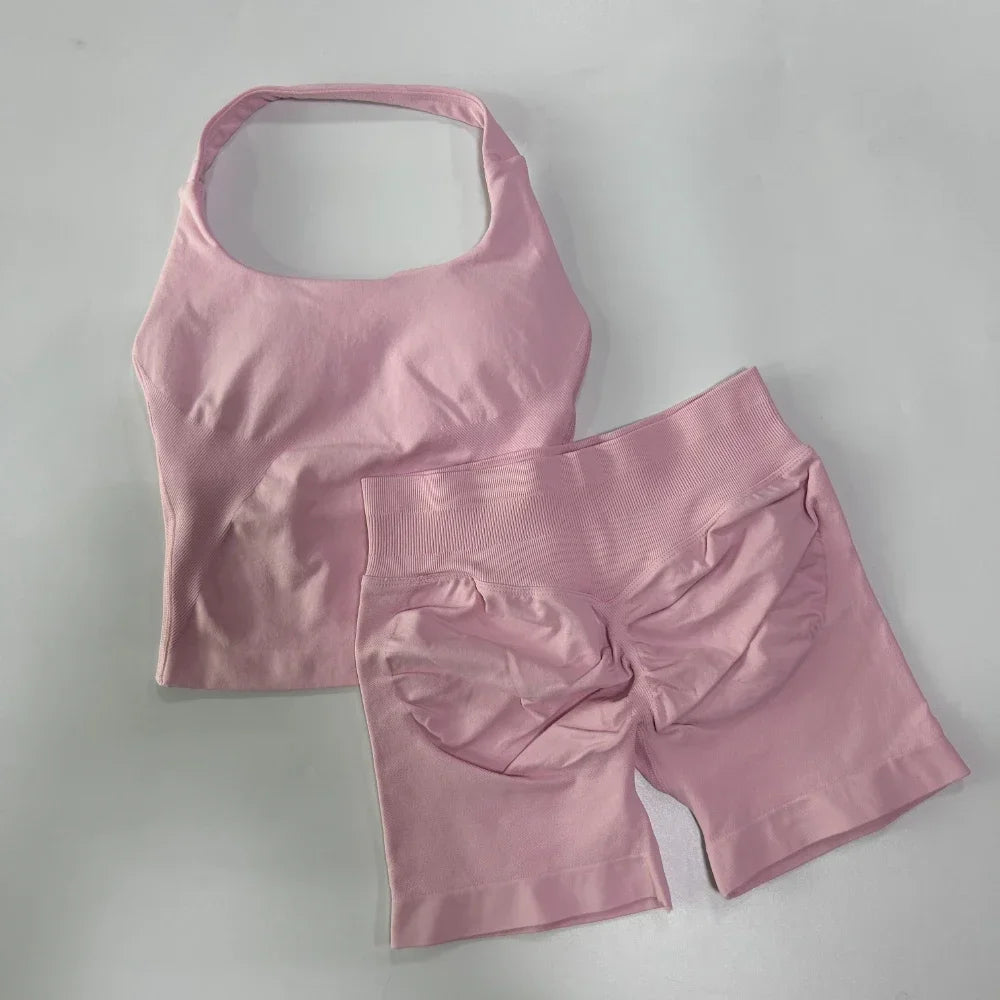 2 Pieces Sport Set Women Backless Tank Tops High Waist Scrunch Seamless Shorts Sport Suit Gym Set Sportswear Workout Set