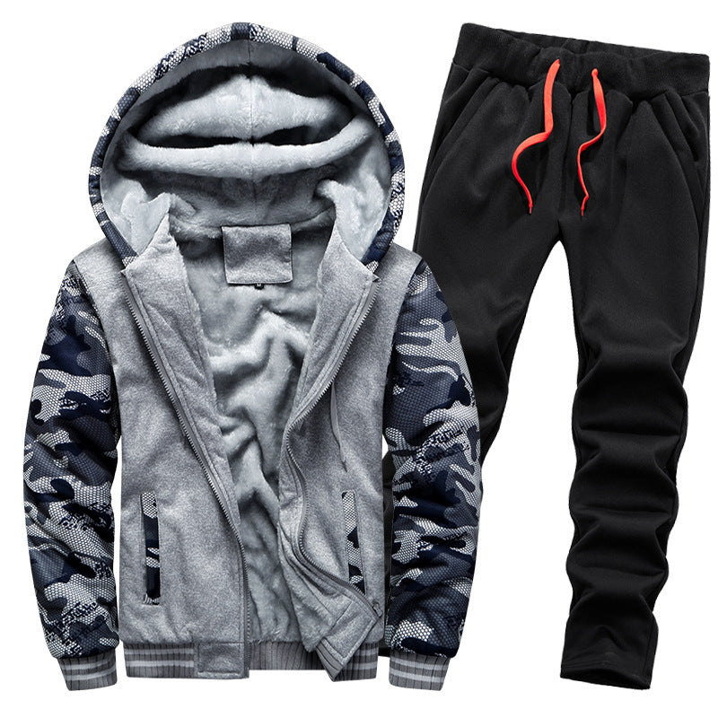 Men's thickened fleece-lined hoodie set