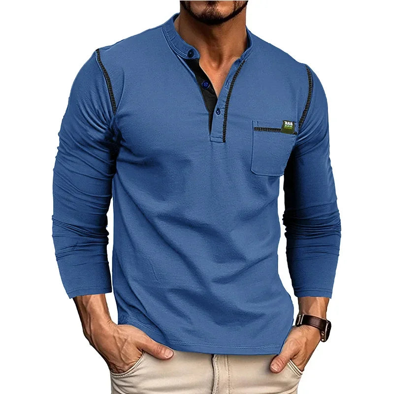 T-shirt Henry Collar Solid Color New Autumn Winter Men's Long-sleeved Casual Fashion Tee Top