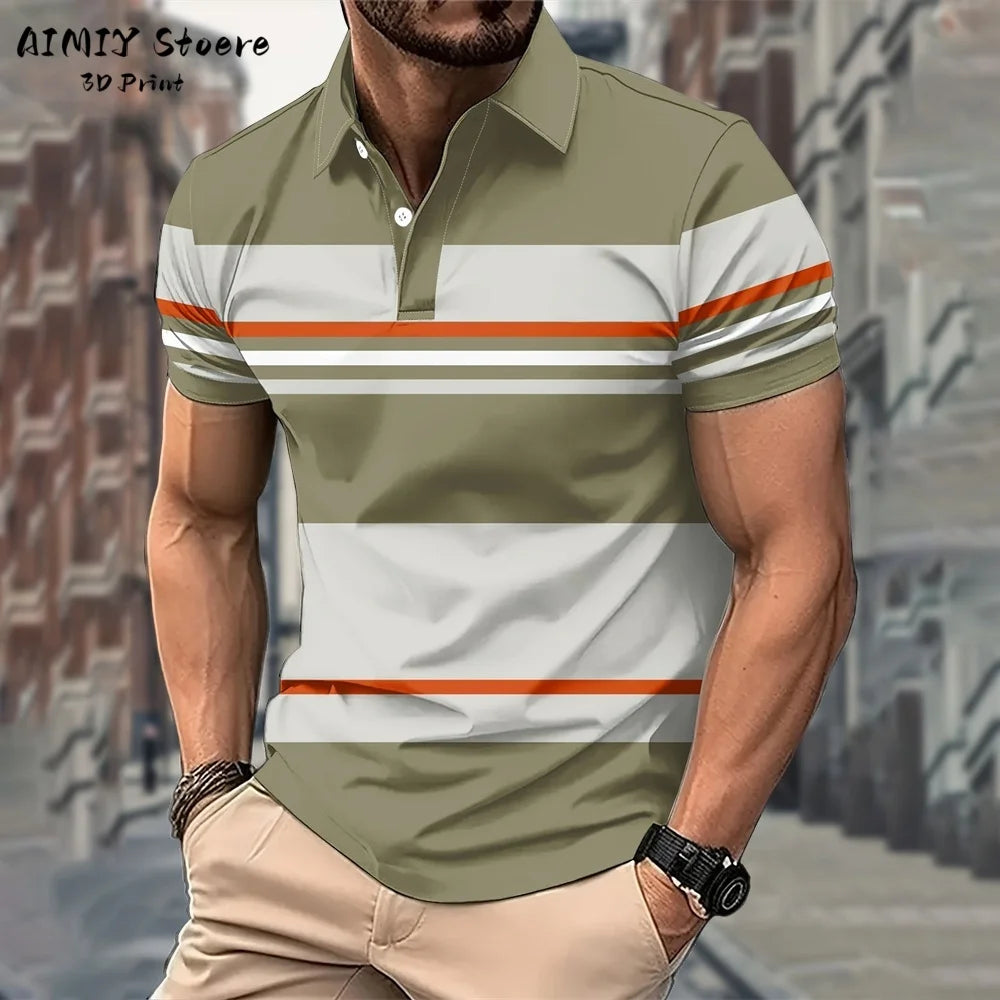 Men's Polo Shirt Striped Polo Shirt Casual Men's Top Short Sleeve Lapel Shirt White Base Gray Stripe Versatile Business Wear