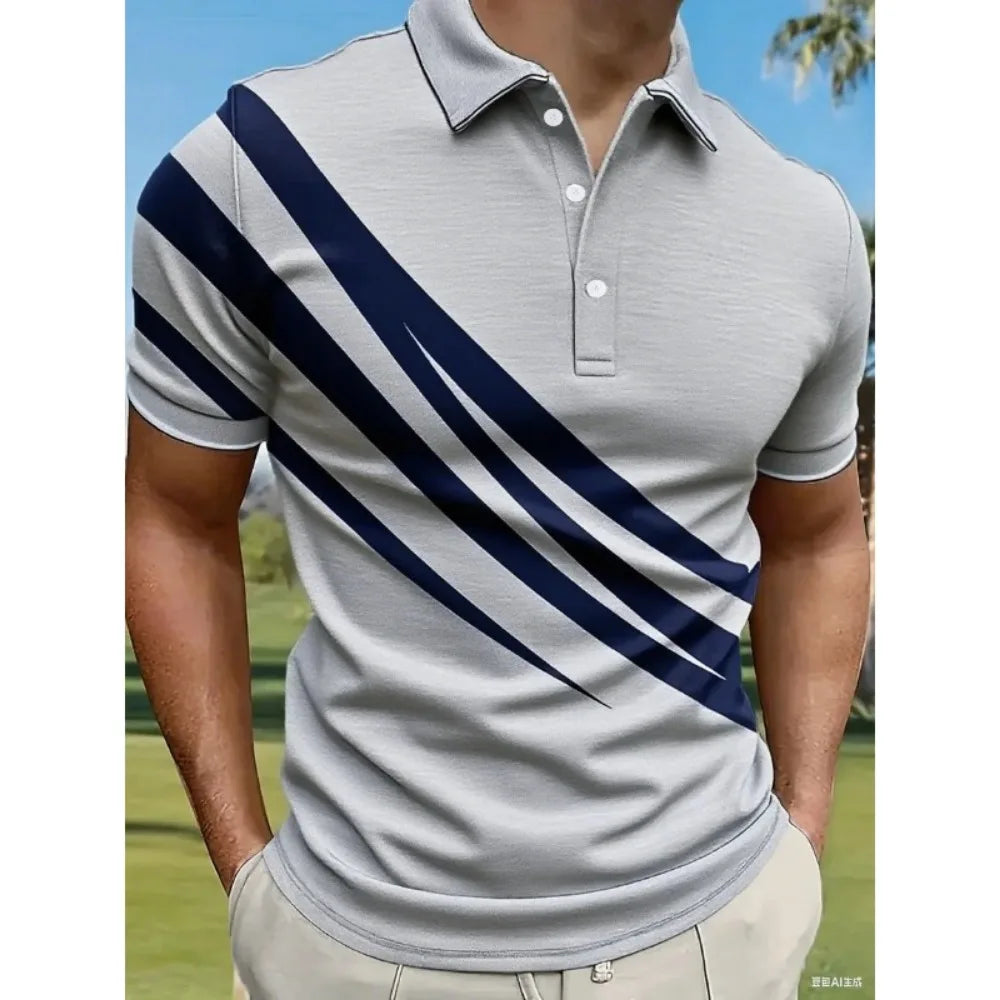 Summer Variegated Pattern Design Men's Short Sleeved White Button-up Polo Shirt Comfortable and Casual Daily Wear 100% Polyester