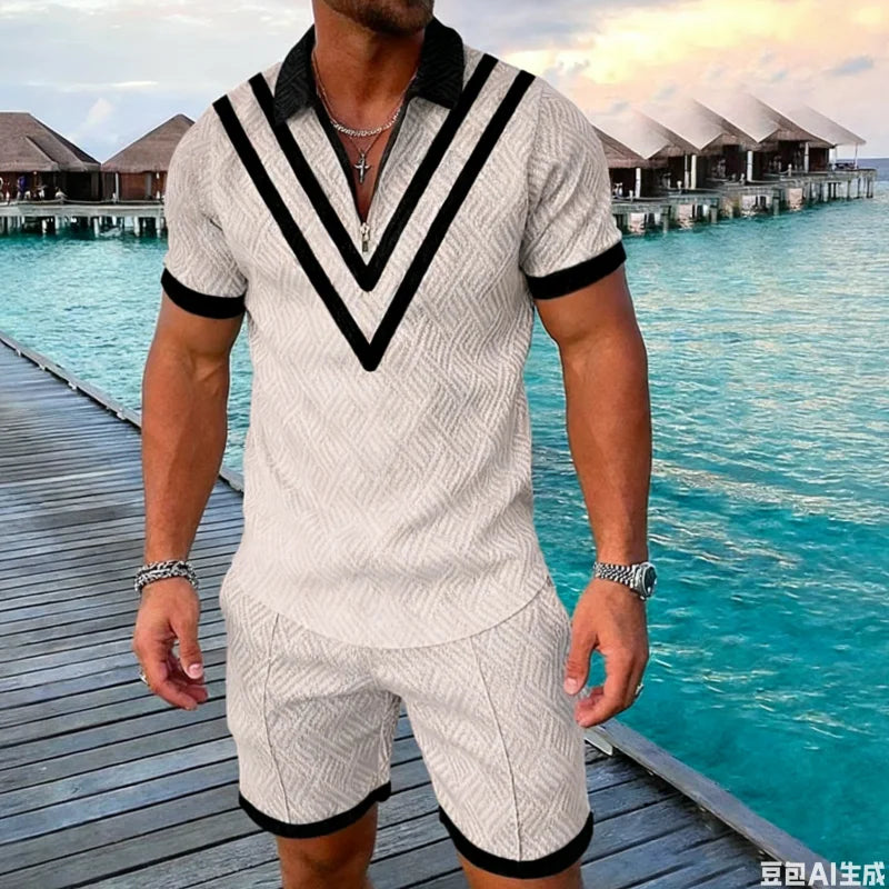 Summer 3D Print Men's Polo Shirt Set
