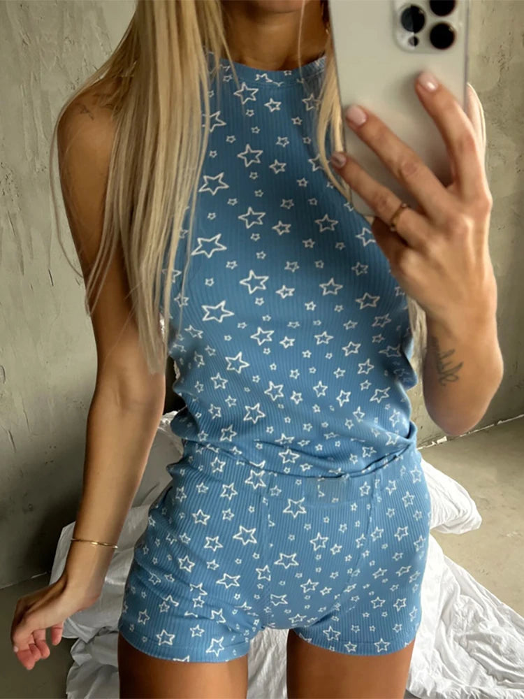 2026 Summer Sleeveless Vest Top and Shorts Two Piece Set Floral Print Slim Fitting Pajamas Suit New Casual Holiday Beach Outfit