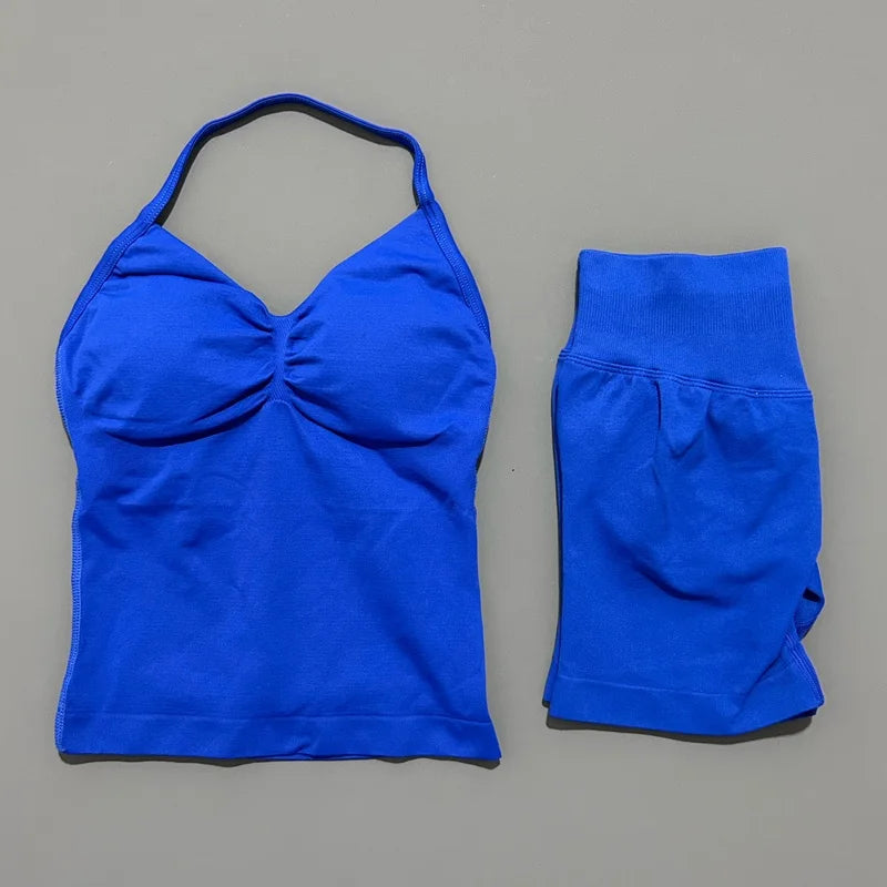 2 Piece Impact Sports Set Women Backless Halter Tops Fitness Tank Top High Waist Seamless High Stretch Shorts Gym Workout Sets