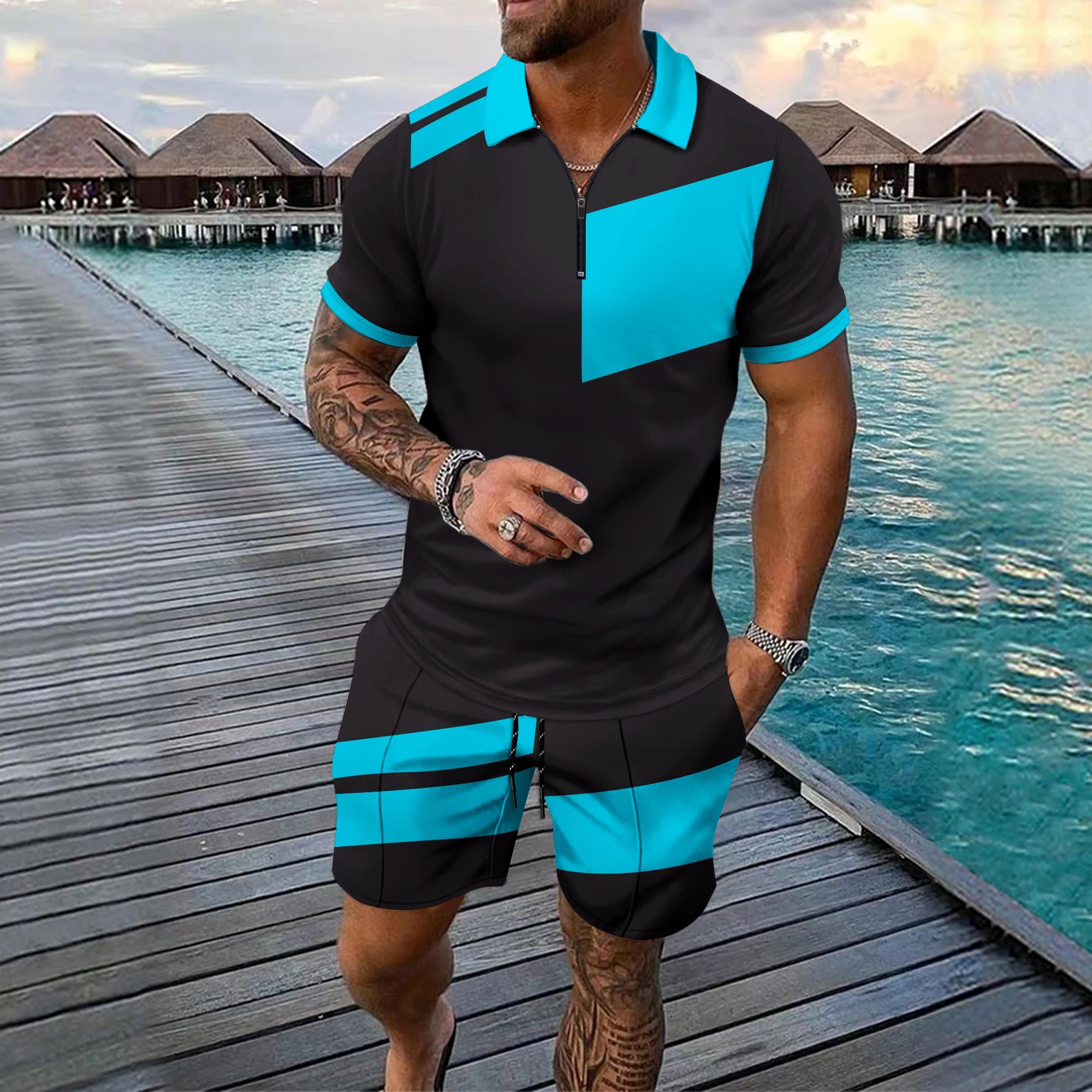 Polo Shirt for Men Shorts 2 Piece Outfit