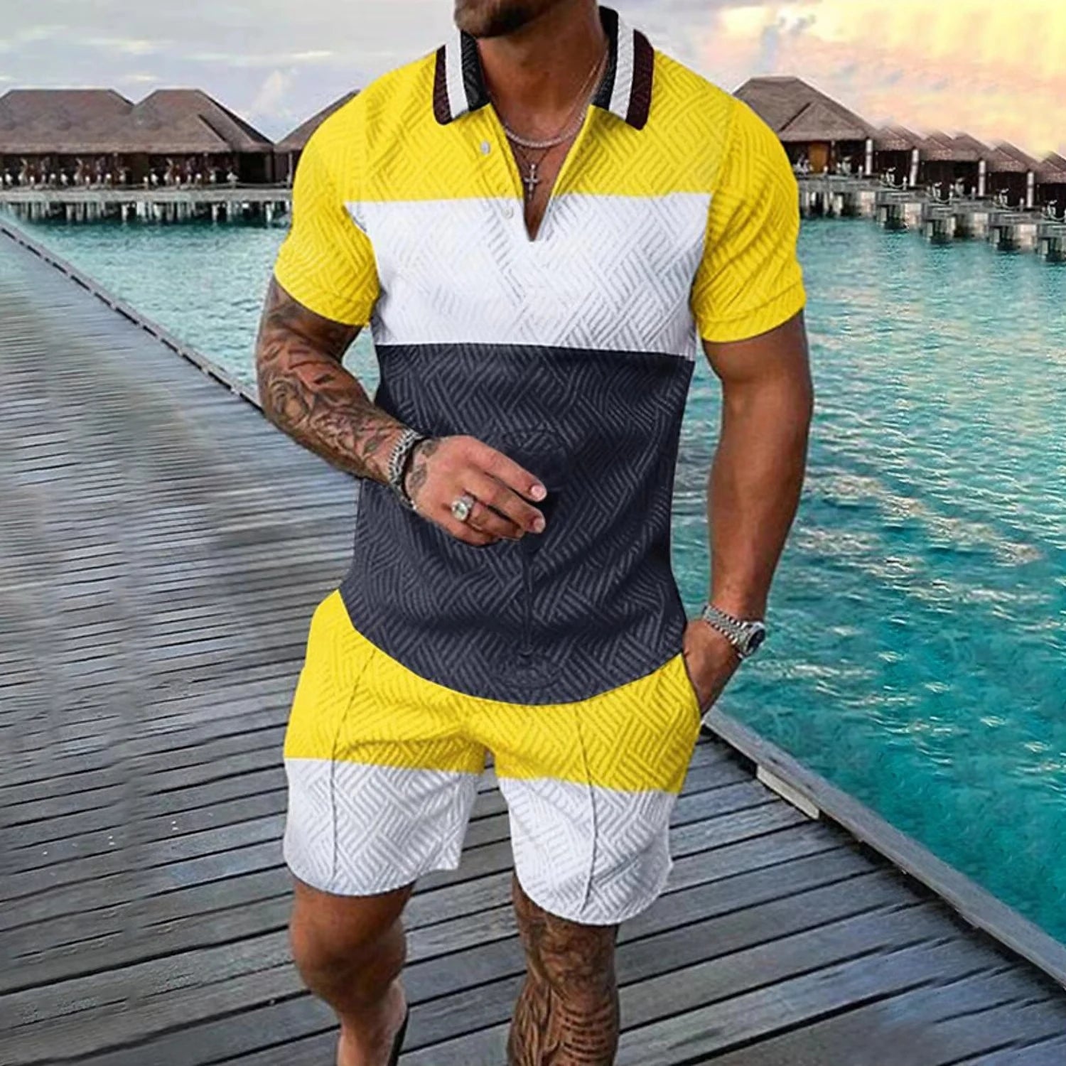 Summer 3D Print Men's Polo Shirt Set
