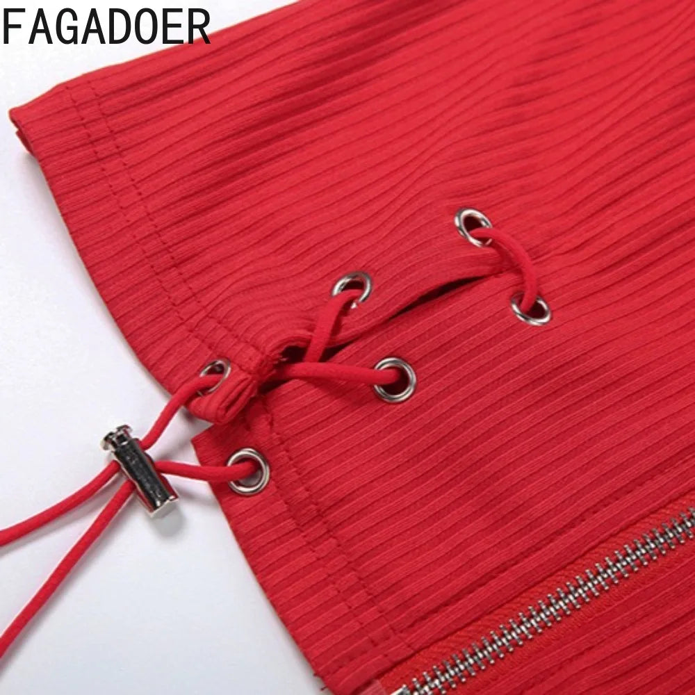 FAGADOER Sexy Drawstring Patchwork Woman 2 Piece Set Outfit Zip Sleeveless Backless Crop Top + Shorts Matching Female Streetwear