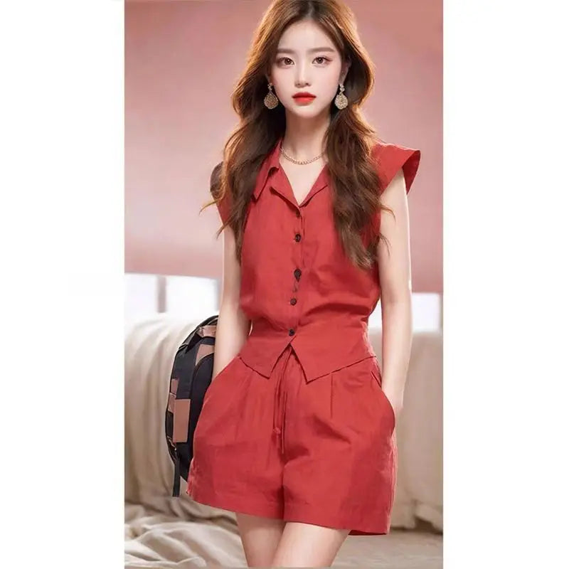 New Fashion Slim Summer Women's Suit Lapel Sleeveless Solid Color Shirt Top + Casual Wide Leg Short Two Piece Set
