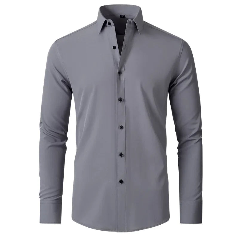 6xl New summer black men's shirt elastic force non-iron long-sleeved business casual shirt solid color mercerized vertical