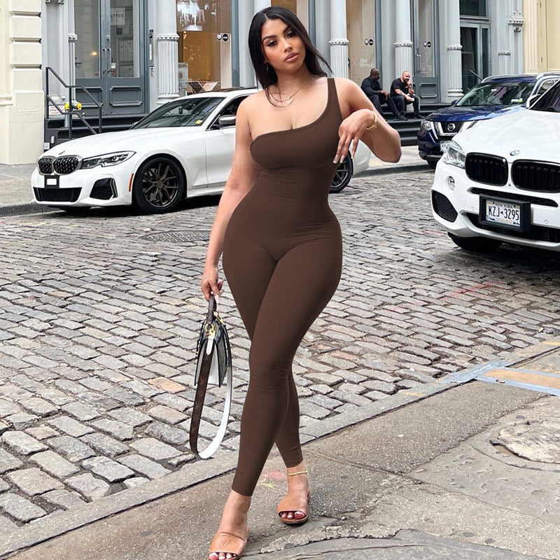2024 Spring Women's Solid Color One-Shoulder Jumpsuit