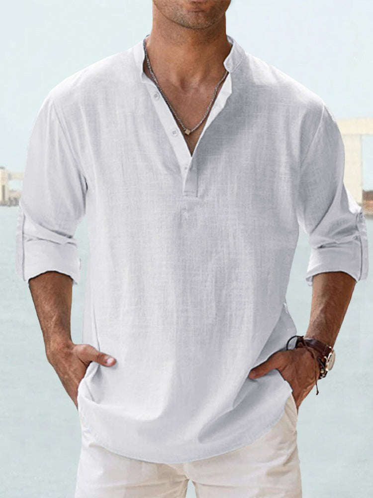 Mens Linen Collar Long Sleeve Cotton Shirt