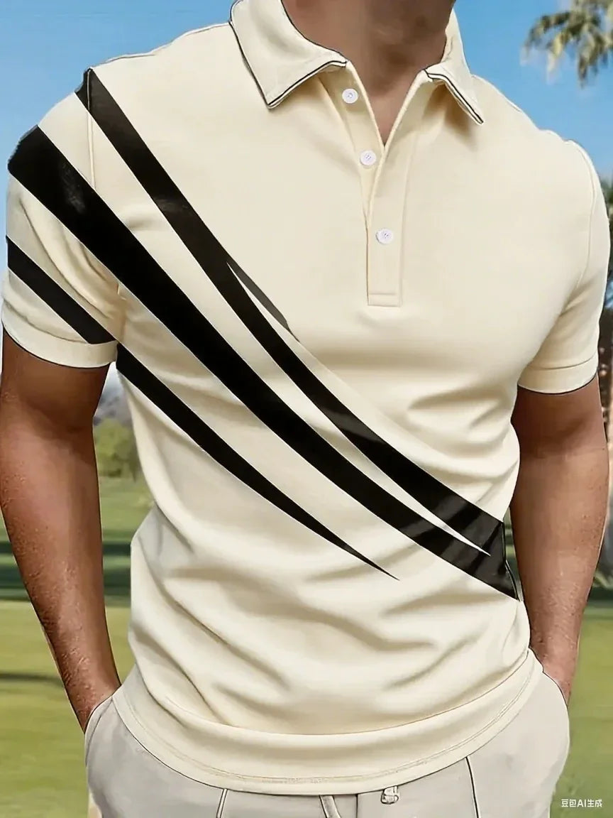 Summer Variegated Pattern Design Men's Short Sleeved White Button-up Polo Shirt Comfortable and Casual Daily Wear 100% Polyester
