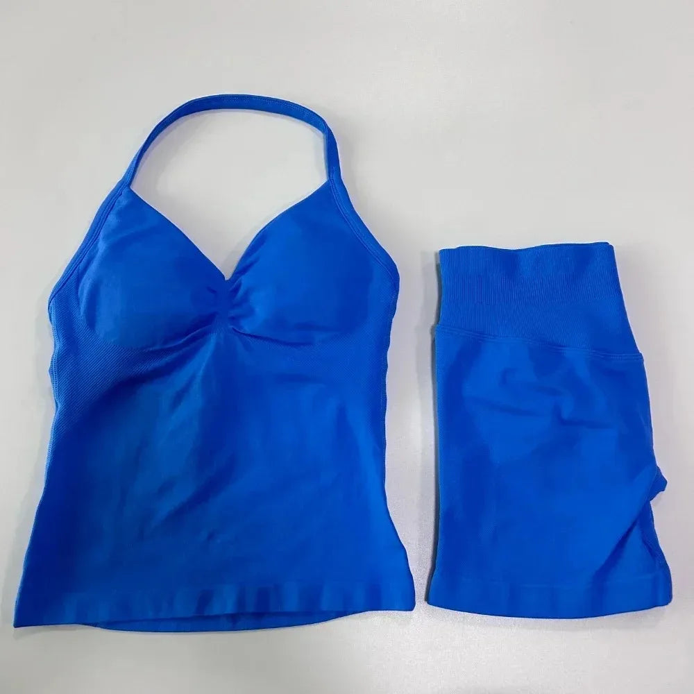 2 Pieces Sport Set Women Backless Tank Tops High Waist Scrunch Seamless Shorts Sport Suit Gym Set Sportswear Workout Set