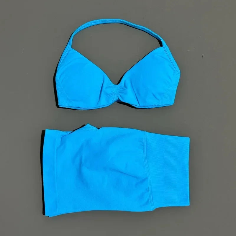 2 Piece Impact Sports Set Women Strappy Yoga Bra Gym Workout Scrunch Shorts Sports Suit Fitness Clothes Seamless Yoga Set