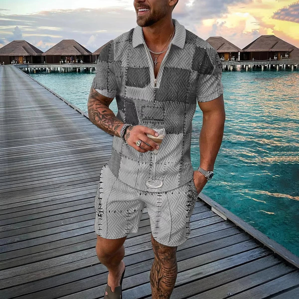 Summer 3D Print Men's Polo Shirt Set