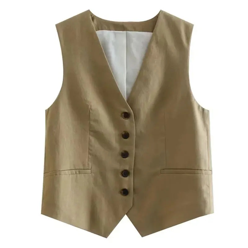 HH Fashion Vintage Sets For Women 2 Pieces Solid Linen V Neck Waistcoat Single Breasted Loose Vest Top Chic Casual Short Y2k