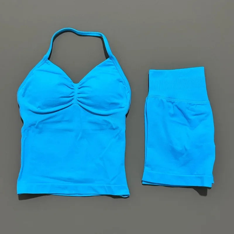 2 Piece Impact Sports Set Women Backless Halter Tops Fitness Tank Top High Waist Seamless High Stretch Shorts Gym Workout Sets