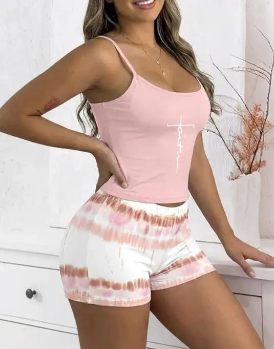 Home Women's Set Summer New Letter Printed Round Neck Sleeveless Camisole Top and Tight Shorts Set Suitable for Home Use