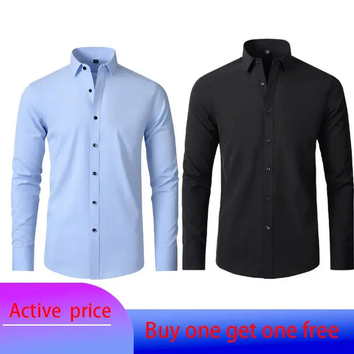 6xl New summer black men's shirt elastic force non-iron long-sleeved business casual shirt solid color mercerized vertical