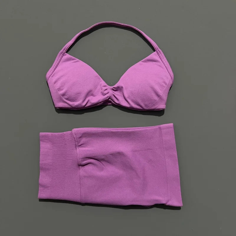 2 Piece Sports Set Women Strappy Yoga Bra Gym Workout Scrunch Shorts Sports Suit Fitness Clothes Seamless Yoga Set