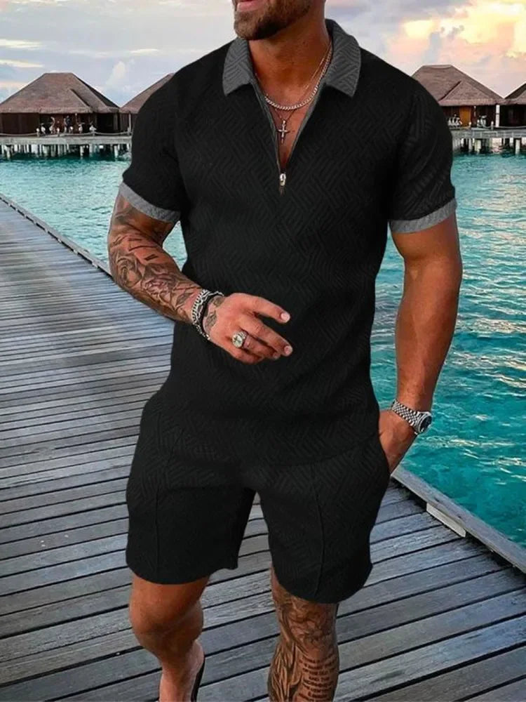 V-neck Zipper Short Sleeve POLO Shirt+Shorts