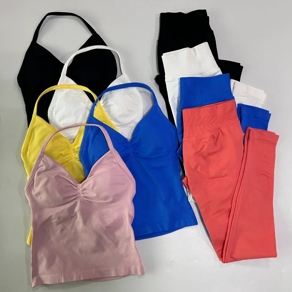 NO LOGO 2 Pieces Leggings Set Women Seamless Yoga Set Backless Tank Tops High Waist Scrunch Suit Fitness Scrunch Gym Sportswear