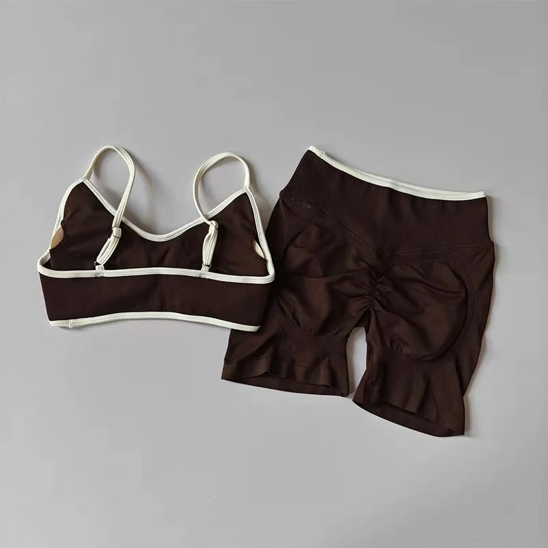 Peach Buttock Yoga Suit Women Gym Seamless Suspender Gathering Bra High Waist Hip Lifting Belly Tightening Shorts Fitness Set