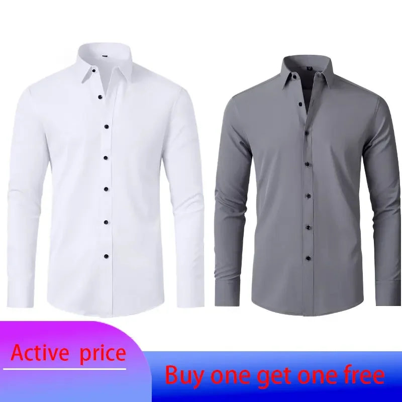 6xl New summer black men's shirt elastic force non-iron long-sleeved business casual shirt solid color mercerized vertical