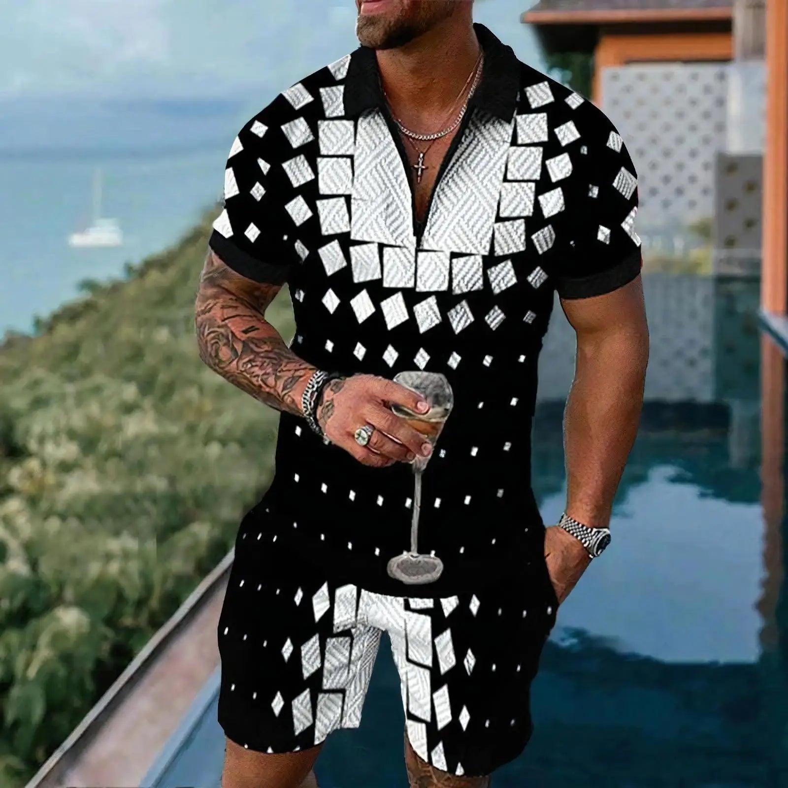 New White Plaid Graphic Men's Polo Shirt Sets