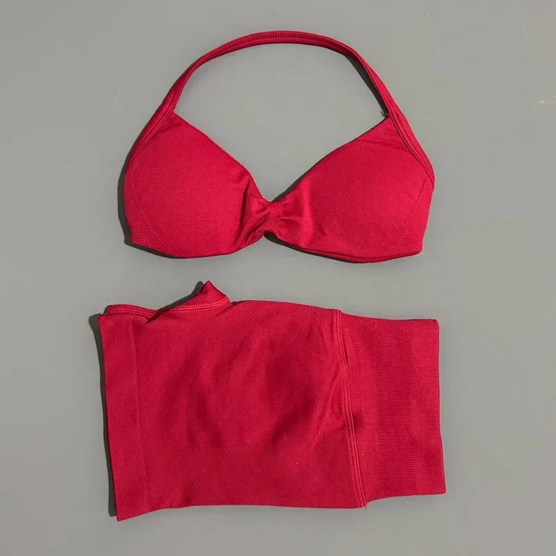 2 Piece Sports Set Women Strappy Yoga Bra Gym Workout Scrunch Shorts Sports Suit Fitness Clothes Seamless Yoga Set