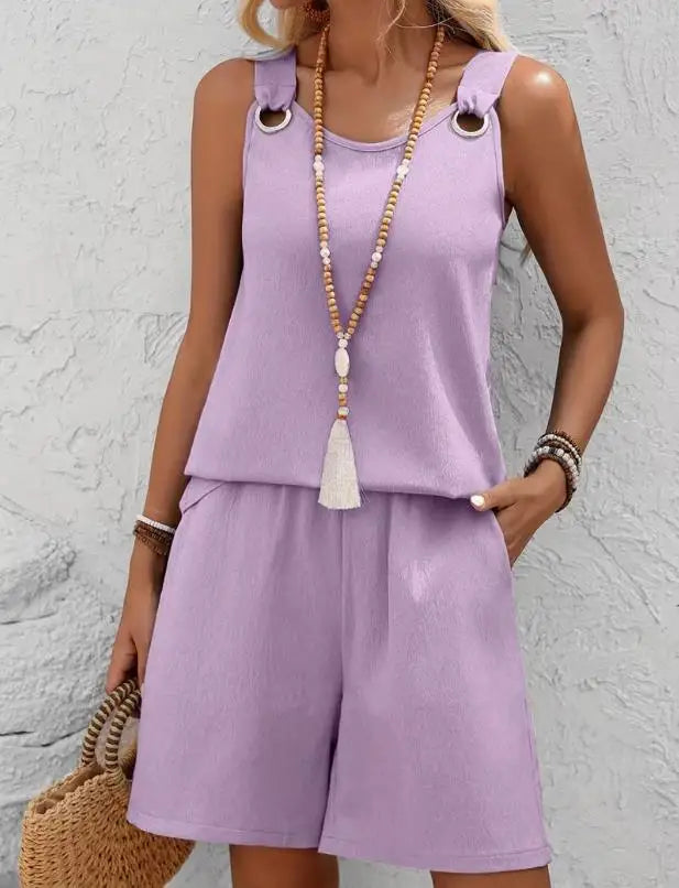 Women Casual Fashion Set with Suspender Sleeveless Solid Color Top and Pants Set Comfortable Clothing Summer Shorts Sets Women