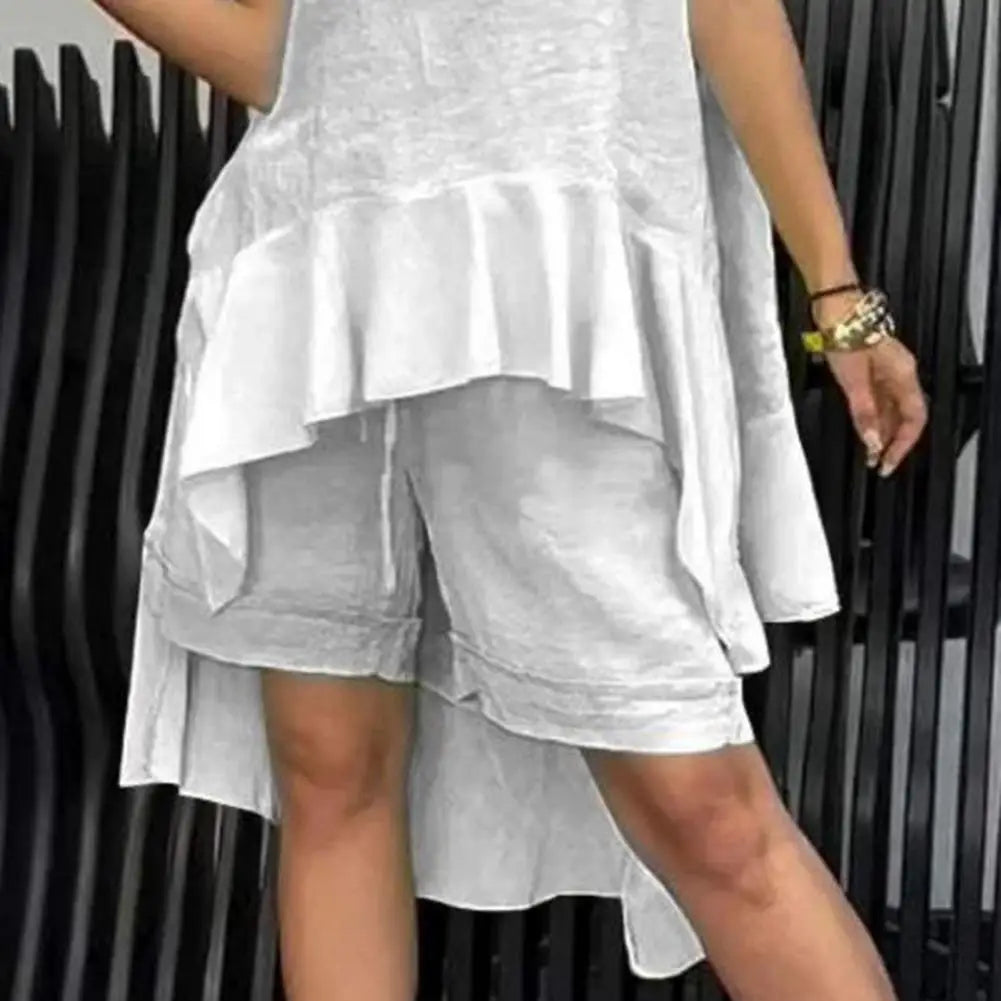 Women's Cotton Linen Two Piece Set Irregular Ruffle Hem Sleeveless Top Drawstring Shorts Summer Casual Outfit Retro Female Wear