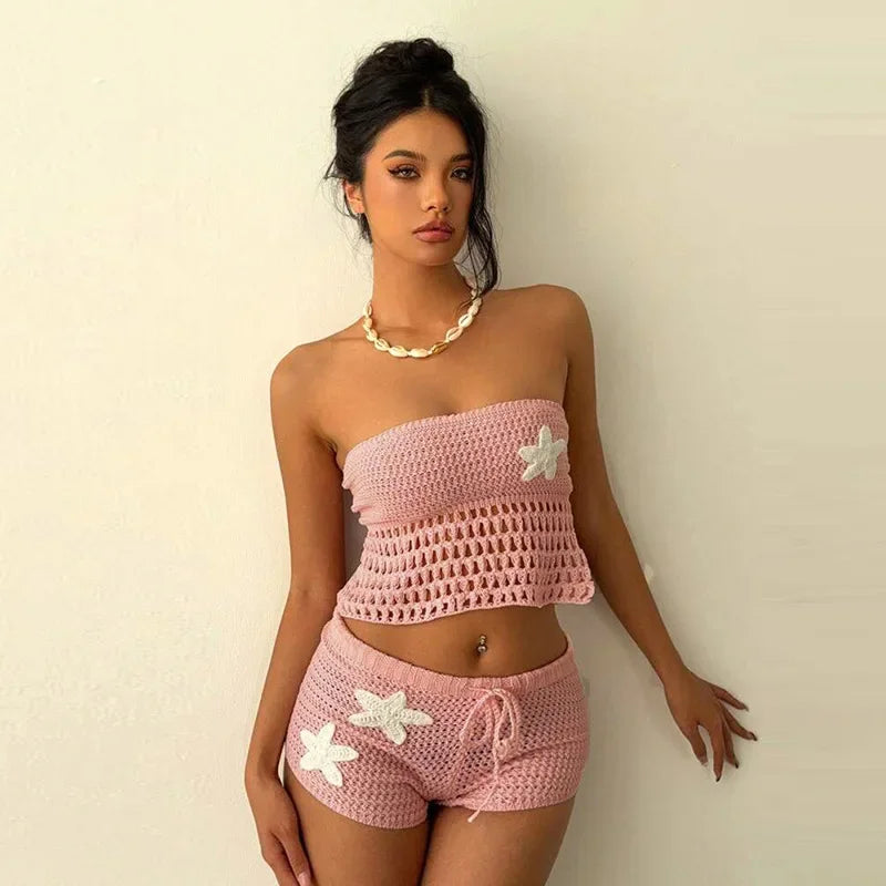 Sexy Crochet Crop Top Suit Women Strapless Backless Lace Up Tops Drawstring High Waist Shorts Female Sets  Summer Lady Suit