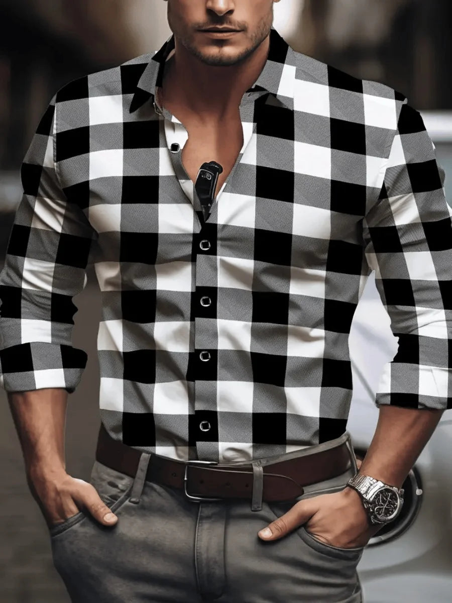 New men's spring-autumn check buttoned shirt