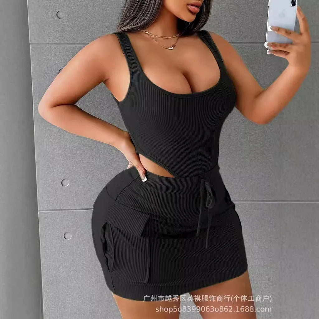 Two Piece Sets Women Skirt Set Shorts U Neck Matching Sets Vests Tops Short Skirts A Line High Waist Casual Hip Wrap Slim Fit