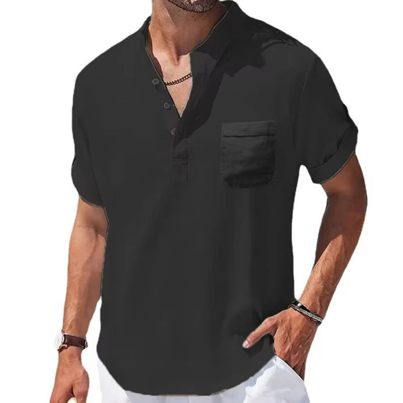 Men's Linen Short Sleeve Shirt with Stand Collar