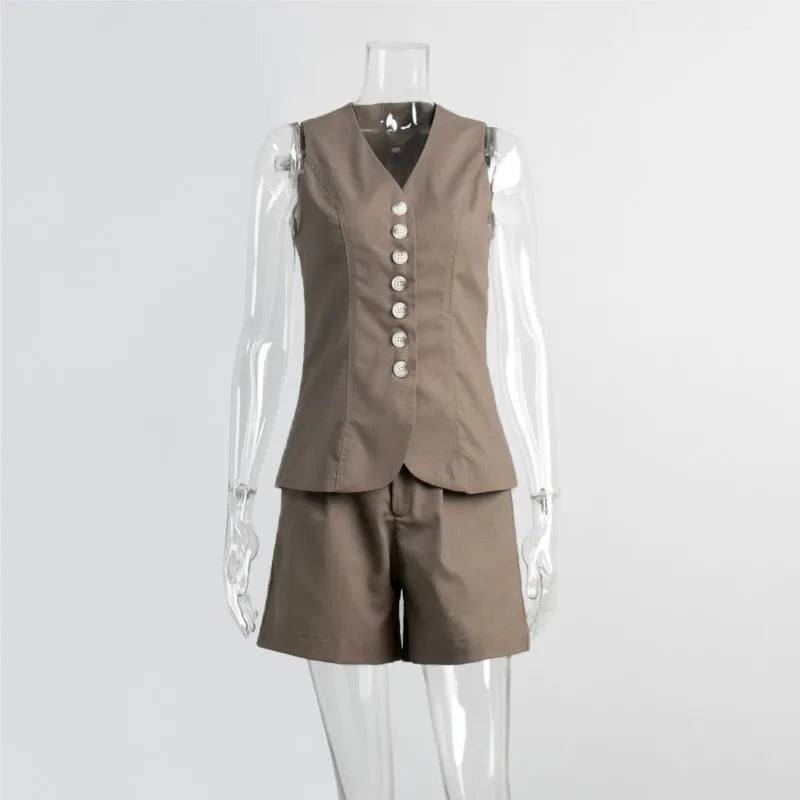 New Summer Women 2 Piece Cotton Linen Shorts Set, Fashion Office Lady Button Tank Vest Top Pocket Shorts Suit, Casual Outfits