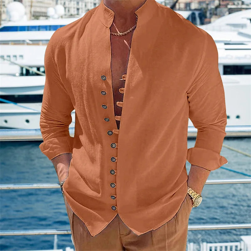 Men'S New Cotton and Linen Pocket Retro Stand-Up Collar Shirt