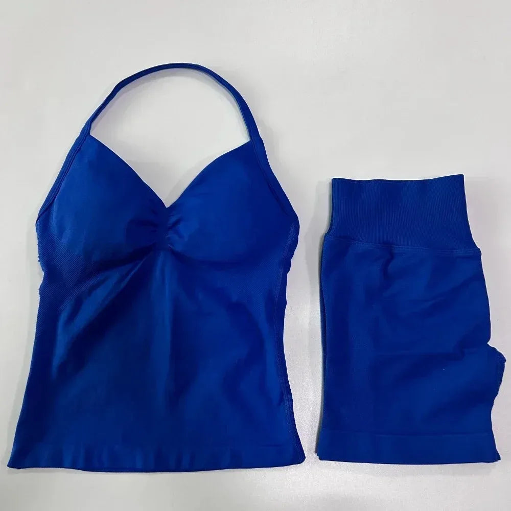 2 Pieces Sport Set Women Backless Tank Tops High Waist Scrunch Seamless Shorts Sport Suit Gym Set Sportswear Workout Set