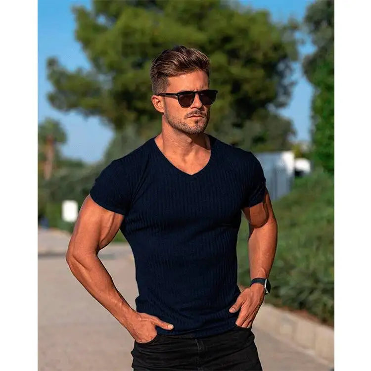 High Stretch Ice Silk Knit Stripe POLO Shirts Mens Slim Short-Sleeve Tops Tee Tshirt Lapel Neck Undershirt