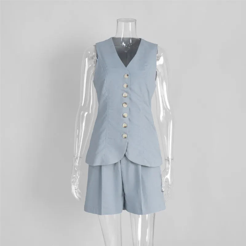 New Summer Women 2 Piece Cotton Linen Shorts Set, Fashion Office Lady Button Tank Vest Top Pocket Shorts Suit, Casual Outfits
